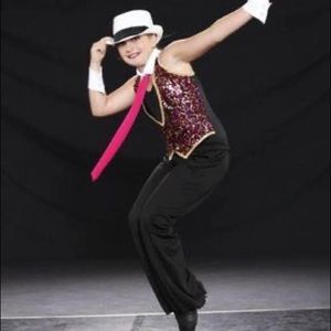 Child’s size Large Tuxedo leotard/sequined vest & pants. Cuff & tie included